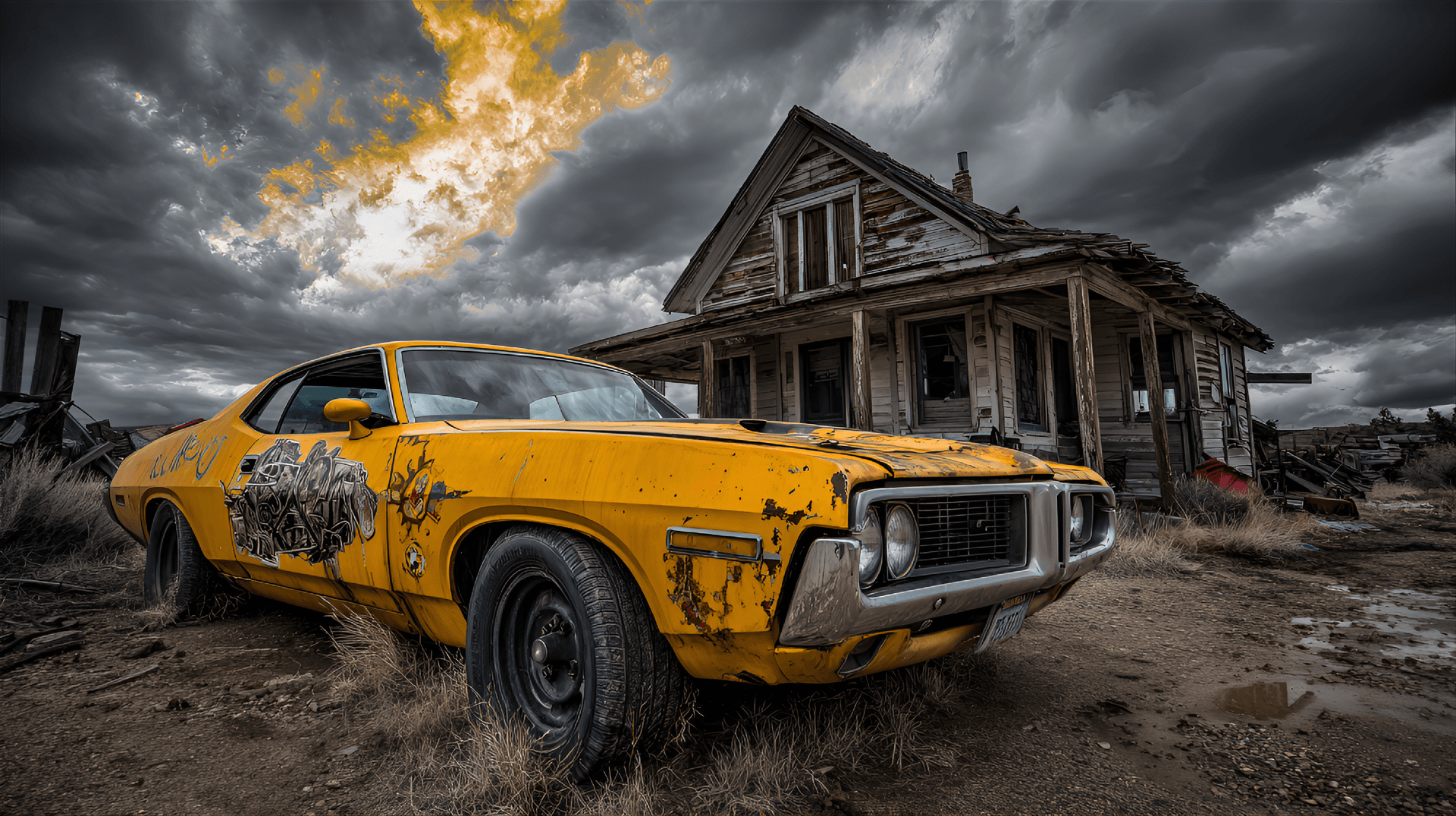 AI generated: vibrant yellow muscle car, heavily modified and distressed, sits in front of a dilapidated wooden ho...
