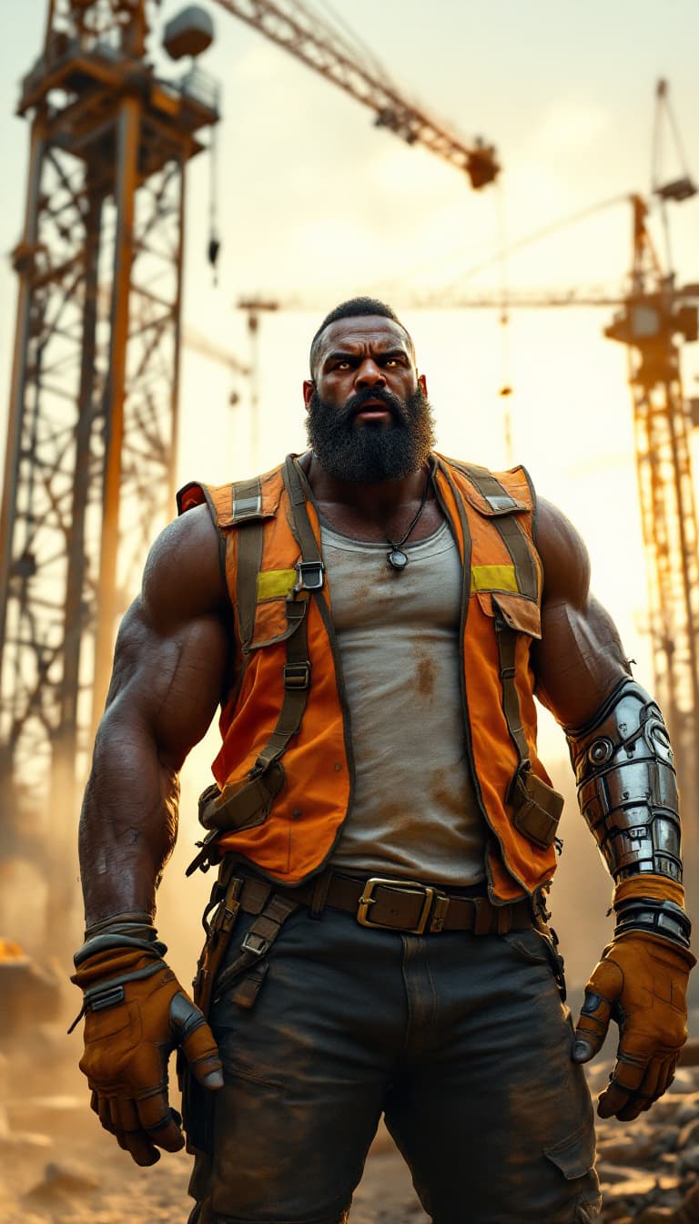 AI generated: A photorealistic candid shot of a towering, muscular man with dark skin, a thick beard, and an inten...