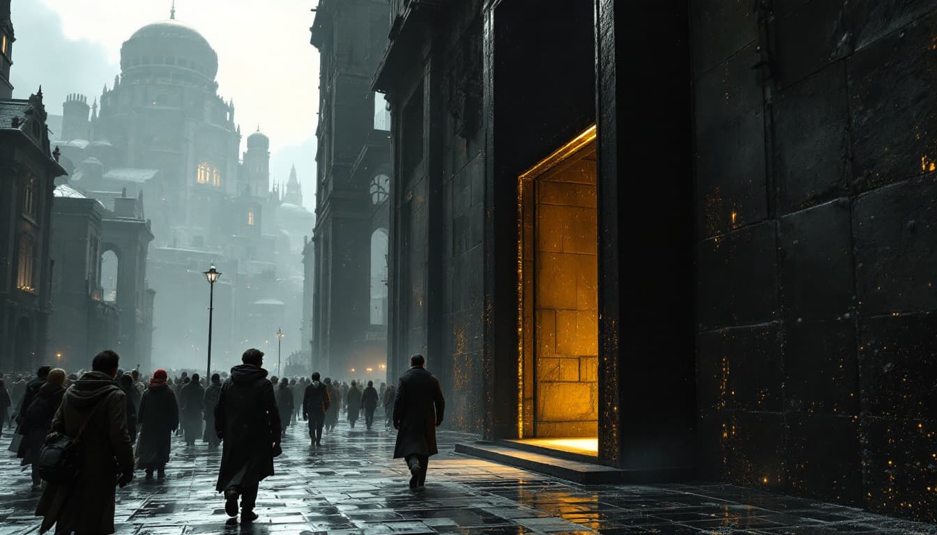 AI generated: a strong built man enters a black colored portal. there are many people walking around the city
