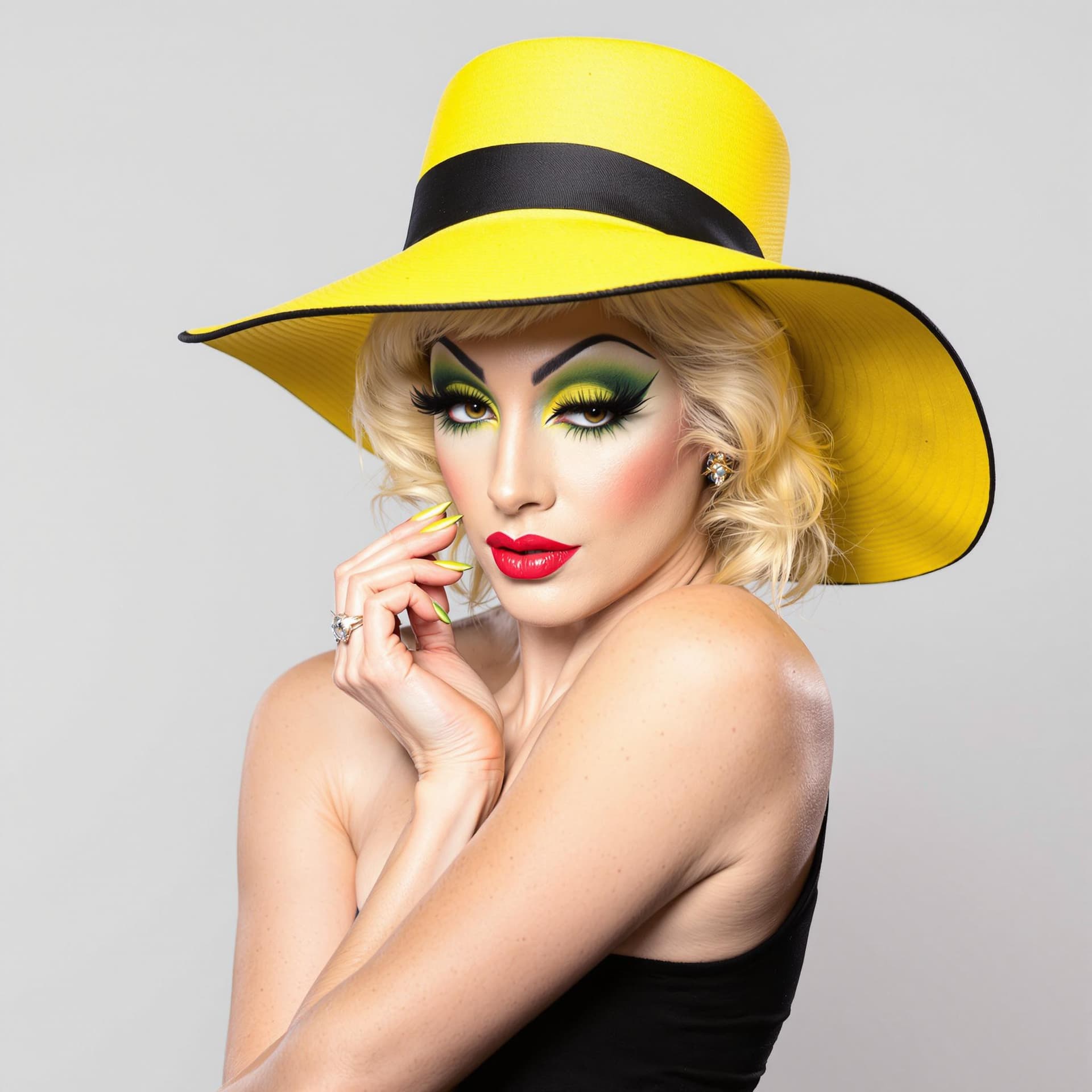 AI generated: The image is a high-resolution photograph of the glamorous drag queen posing against a plain, light ...