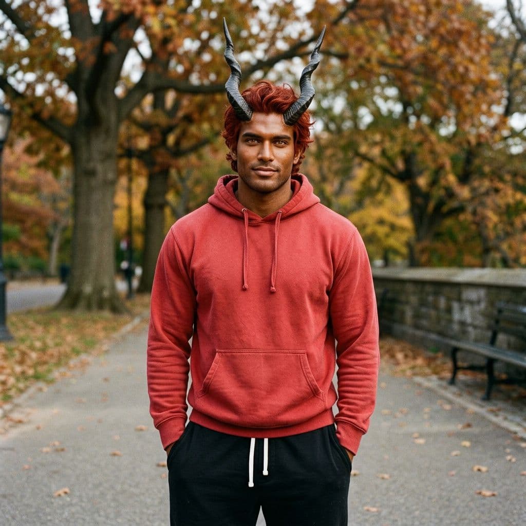 AI generated: A muscular attractive man with dark tan skin and red hair with amber eyes with a red hoodie with bla...