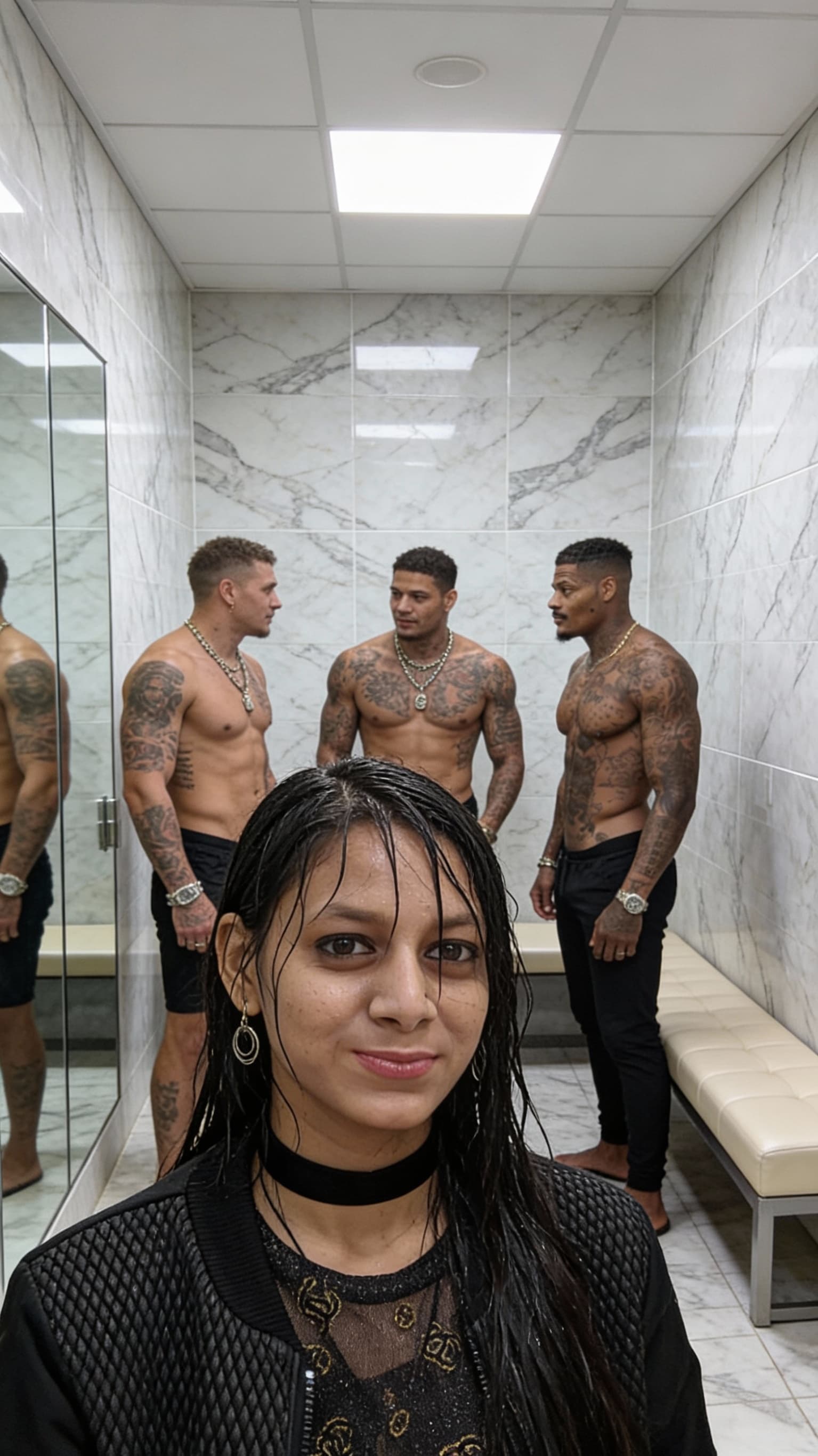 AI generated: The image shows a close-up selfie taken indoors, likely in a bathroom or spa-like room with marble-p...
