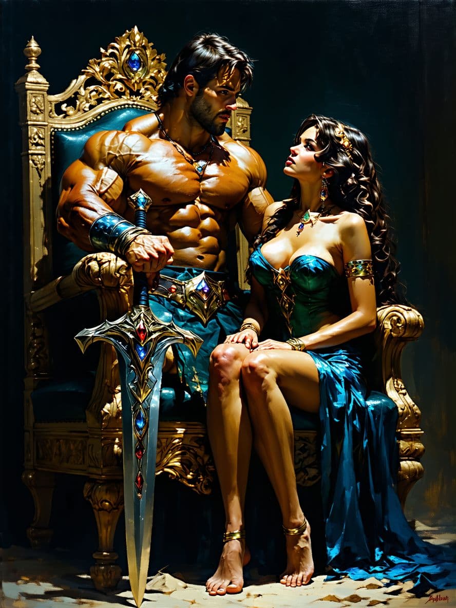 AI generated: A Barbarian Warrior and his Lady An exquisite dark fantasy oil painting depicting the formidable Bar...