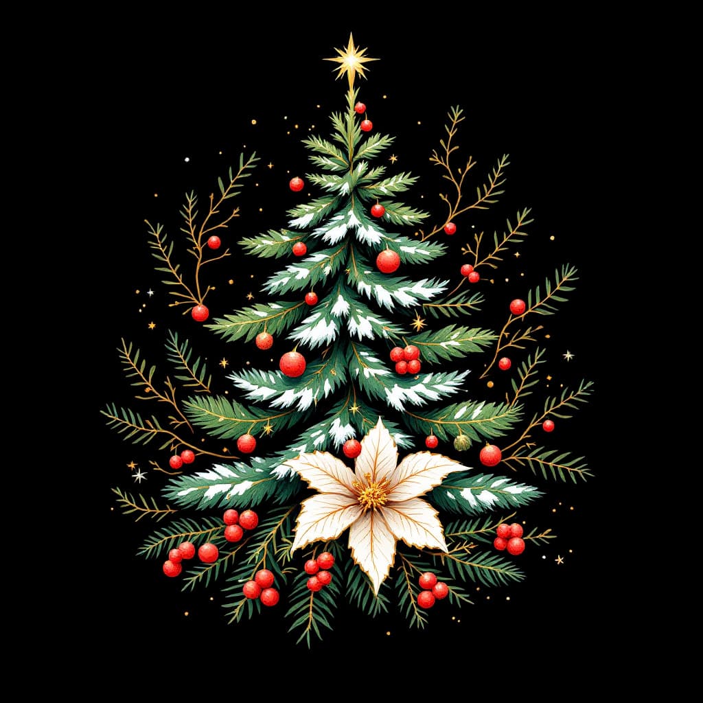 AI generated: illustration, beautiful christmas theme, simplify, pine tree, strar, snow flower, christmas elements...