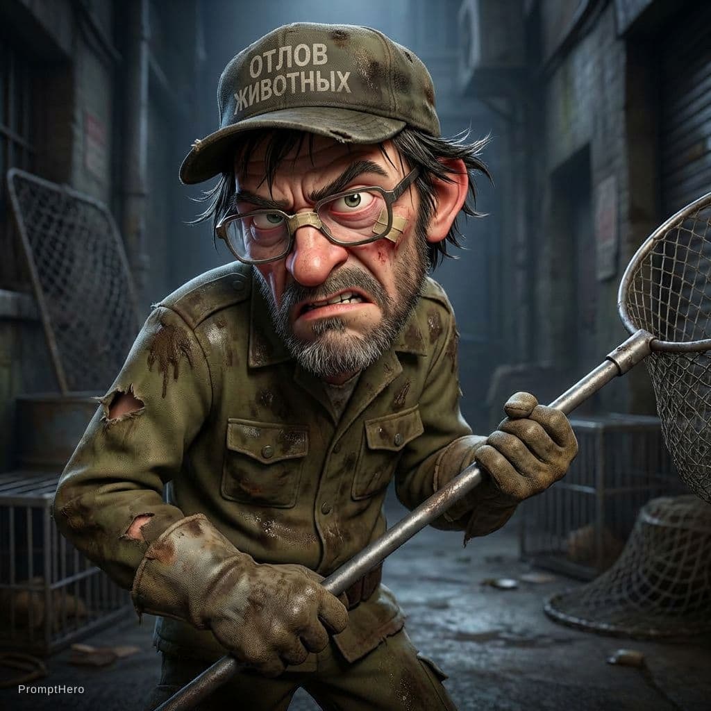 AI generated: Expressive caricature in Pixar style, unreal, charming yet sinister and aggressive animal catcher, m...