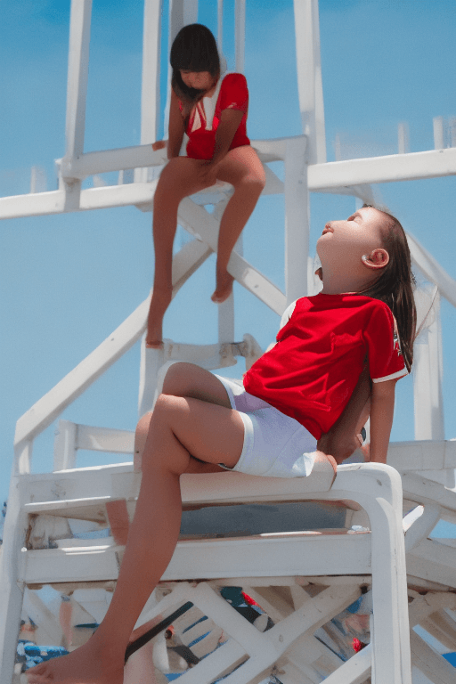 AI generated: 1girl, a girl as a lifeguard, sitting in the sun on a white lifeguard tower, plain white shirt, red ...