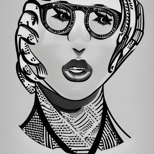 AI generated: detailed black and white drawing of an attractive woman with freckles, wearing large round glasses, ...