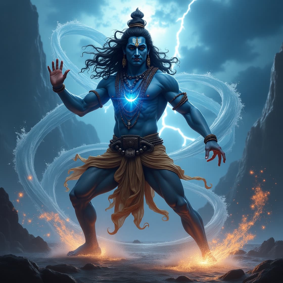 AI generated: Hyper-realistic, cinematic portrayal of Lord Shiva performing the Tandava dance in a storm-lit cosmi...