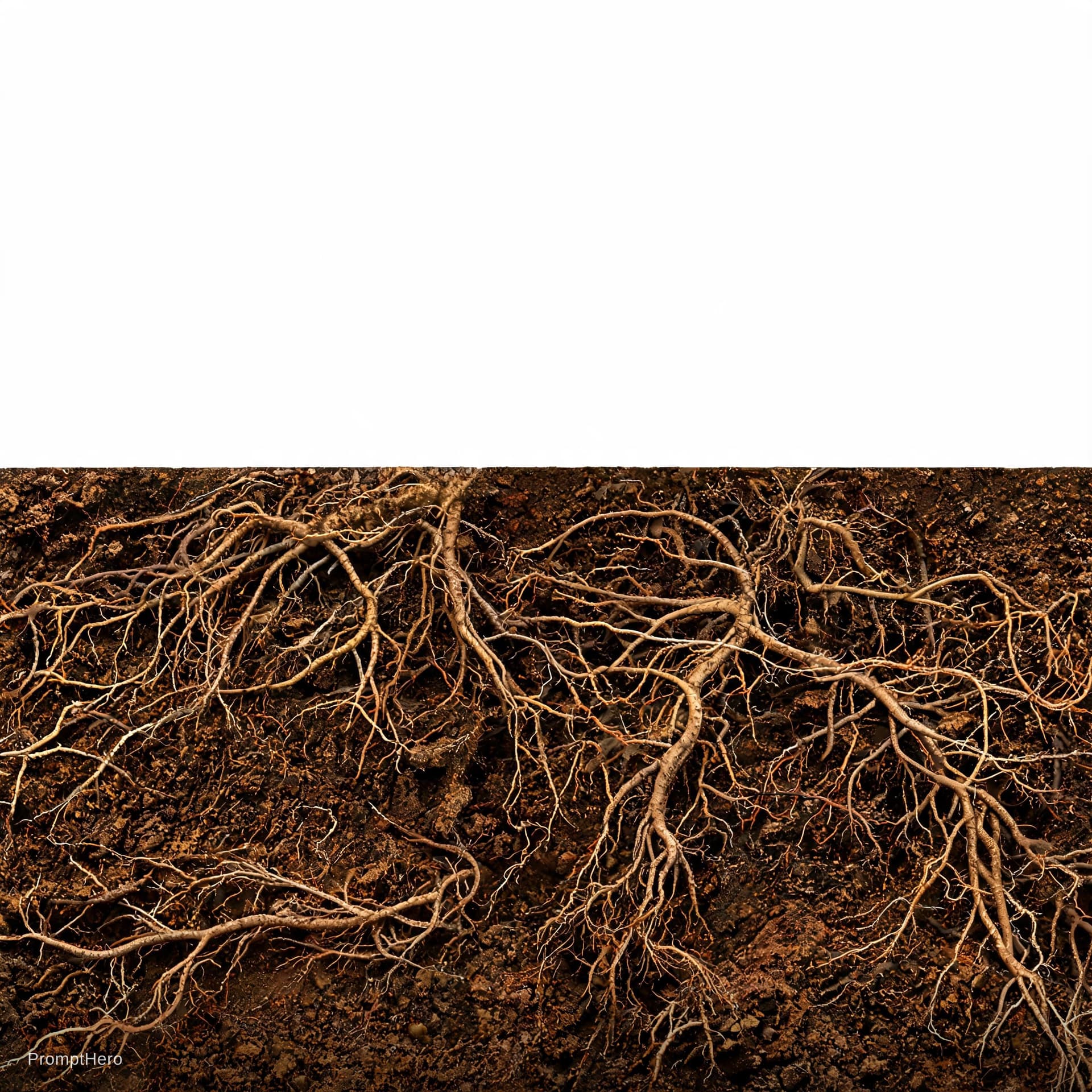 AI generated: make flat ground showing roots fully half the page  from ground cutout white background.