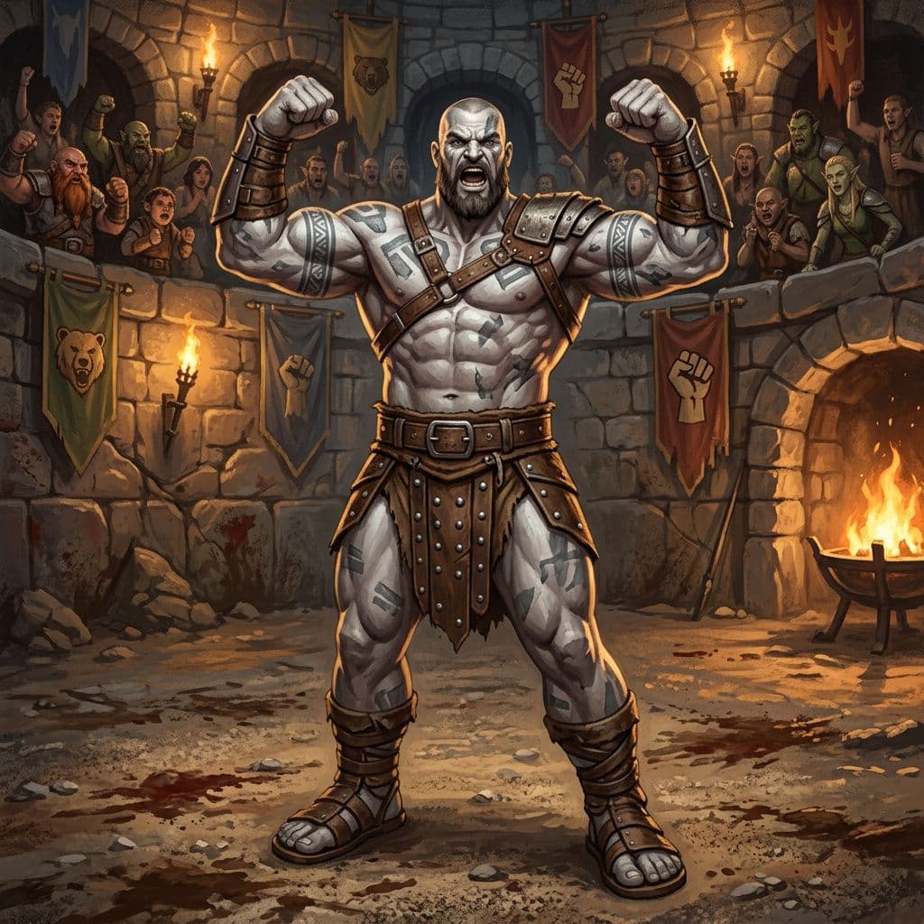 AI generated: a large male goliath wrestler, dungeons and dragons style, pit fighting arena background
