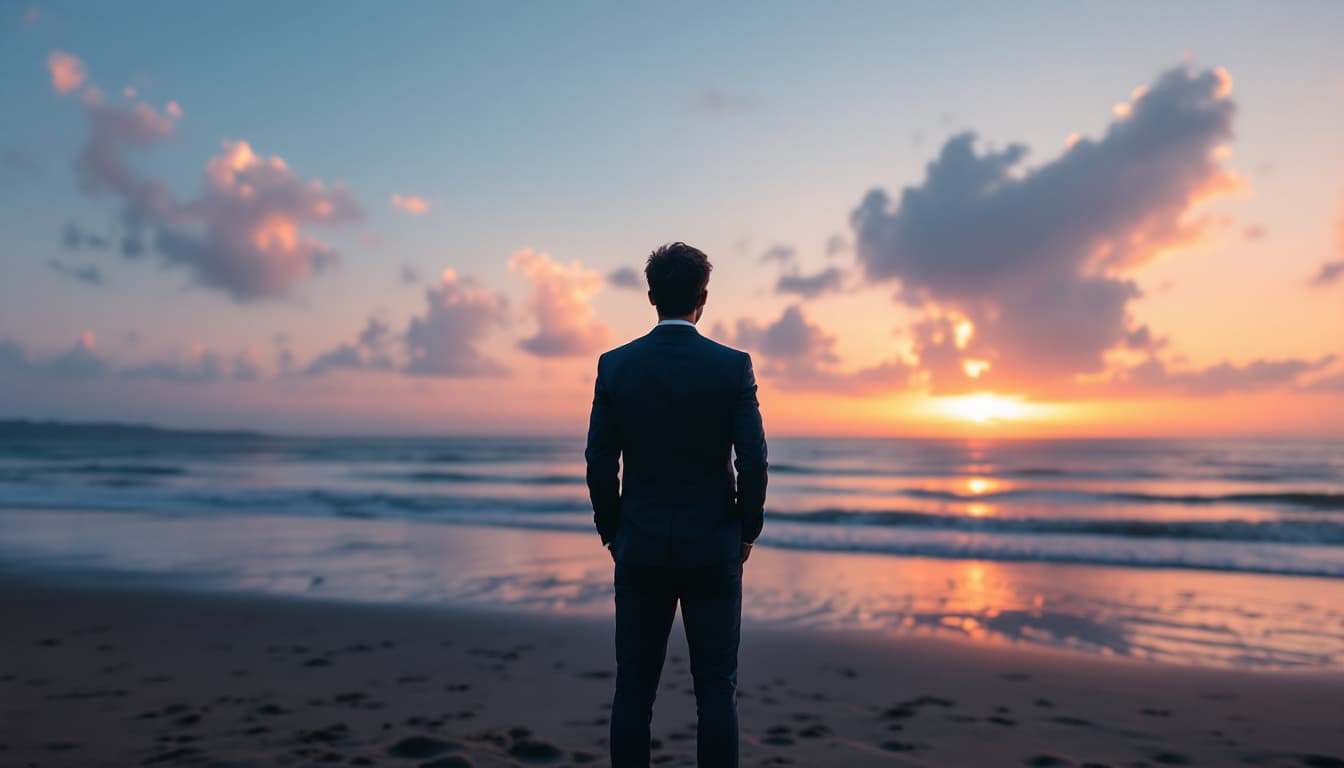 AI generated: Estilo tipo inspirador. Paisaje: playa al atardecer. Un hombre en vista lleva un traje de vestir a l...