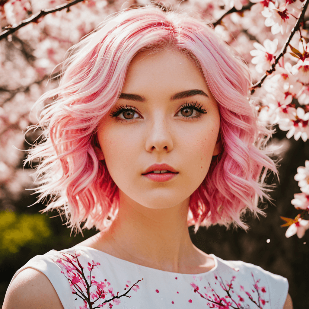 AI generated: Light pink hair, pink eyes, pink and white, sakura leafs, vivid colors, white dress, paint splash, s...