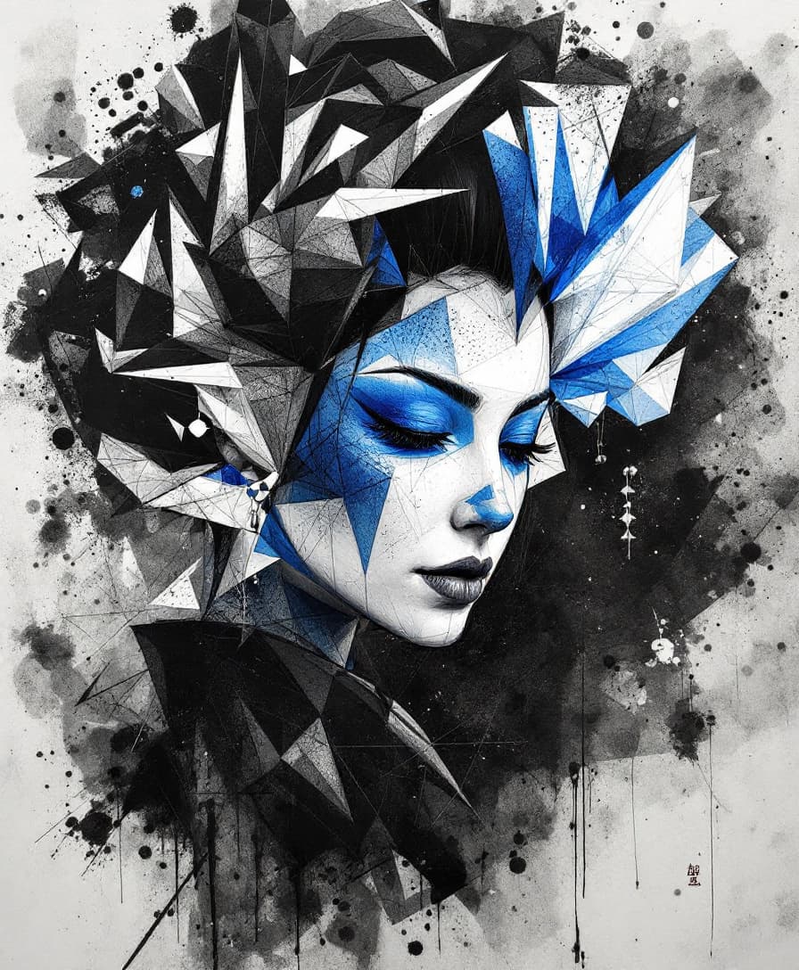AI generated: Textured charcoal drawing with bold blue and white angular Geisha representing molecular bonding and...