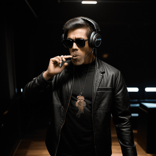 AI generated: action packed, The image features a (monkey wearing a tosca jacket:1.3), a black shirt, and a pair o...