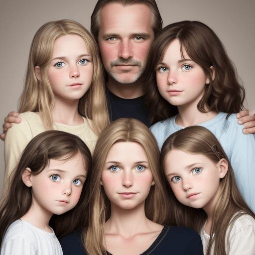 AI generated: Create a photo of a family of five with a father, mother and 3 daughters.  The father is 45 with dar...