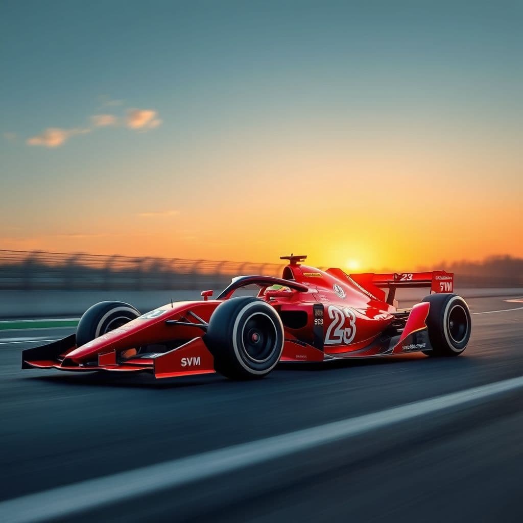AI generated: A f1 car red and black the predominant color has to be the red 60% and gold 40%, with a dorsal numbe...