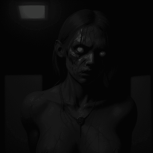 AI generated: A mutant hostile girl emerging from a dark room, necklace, gray lighting, painful, deformed body, pe...