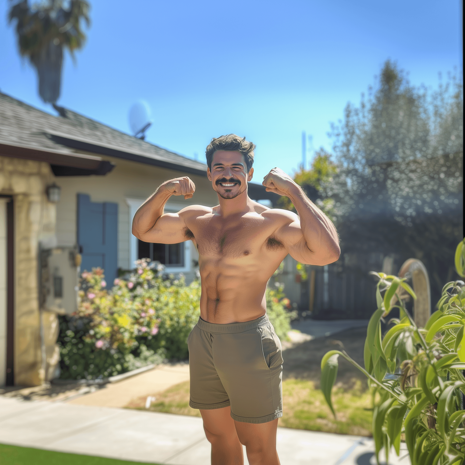 AI generated: Photo of a man with a mustache and goatee wearing only shorts, standing outside a house and flexing ...