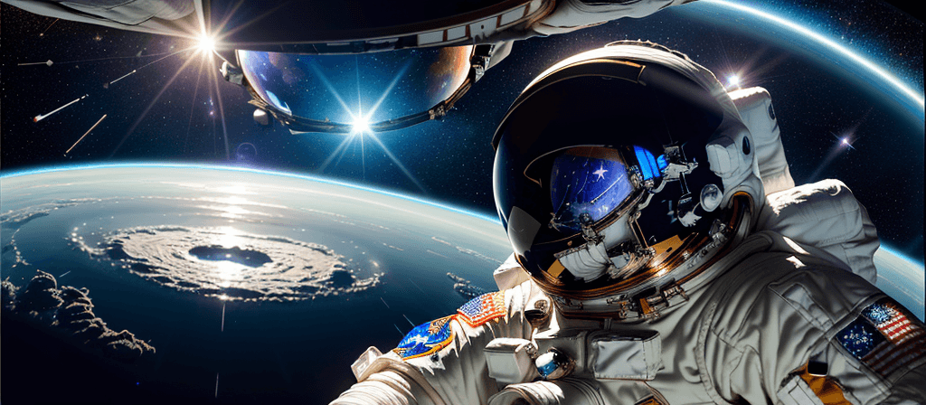 AI generated: An astronaut floating in space, Earth in the background, stars scattered, space debris, reflections ...