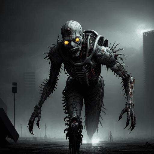 AI generated: Future metal tech zombie emerging from a future utopian world, zombie virus stage four, volumetric l...