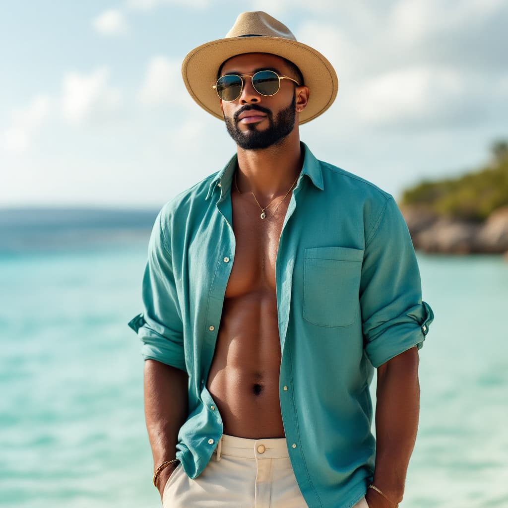 AI generated: high-resolution photo of A stylish 37-year-old man with light brown skin stands on an idyllic island...