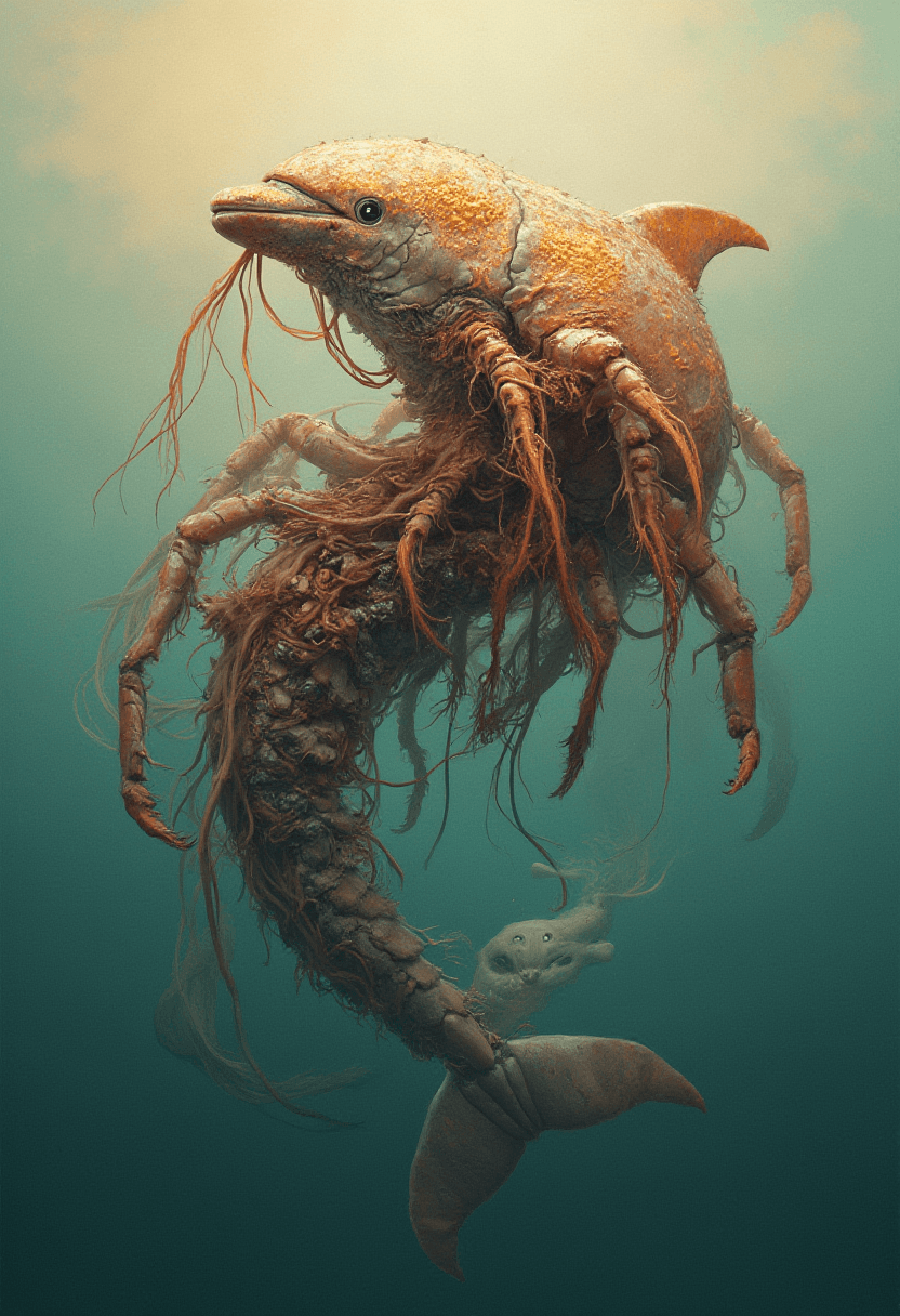 AI generated: painting of hybrid between dolphin & lobster, intercrossed animal, mixture animal, by tiffany bozic,...