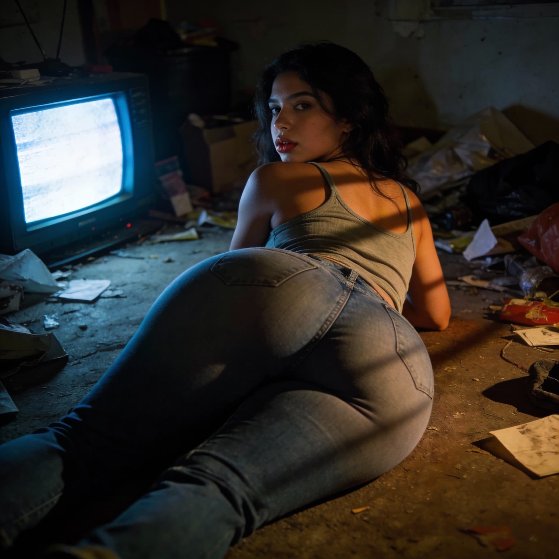 AI generated: beautiful latina 25 year old, cute face, full pouty lips, dimly lit room, trashy room, prone, huge r...