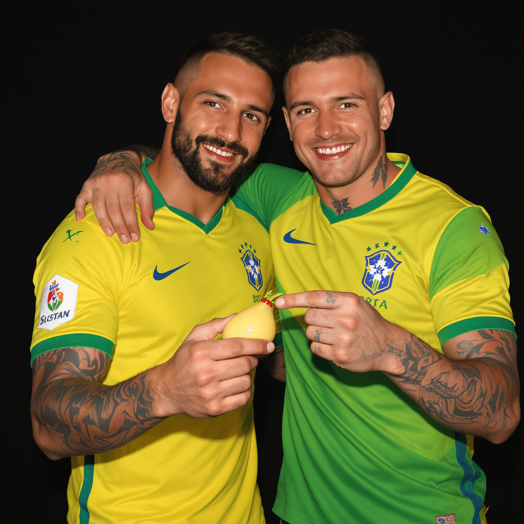 AI generated: Create two 30-year-old men, attractive, sexy, with beards and tattoos, wearing a Brazil shirt, holdi...
