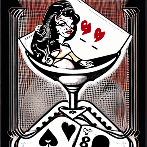 AI generated: T shirt design of pinup girl sitting in an oversized martini glass, dice , Ace and King poker cards,...