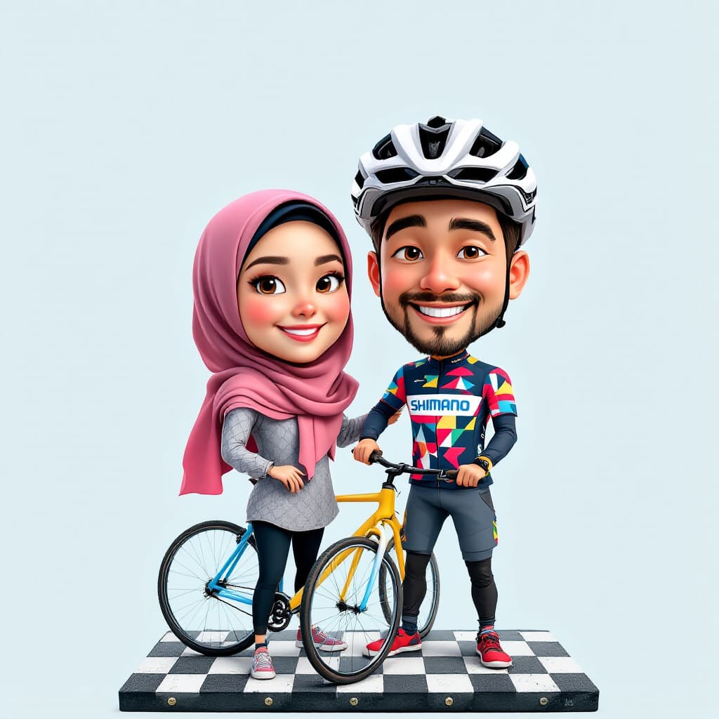 AI generated: realistic 4D caricature of a hijab girl and an Indonesian Man, 29 oyo, wearing a colorful shimano co...