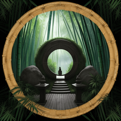 AI generated: Create an ultra-realistic image of an ancient stone circular portal in a lush bamboo forest. The por...