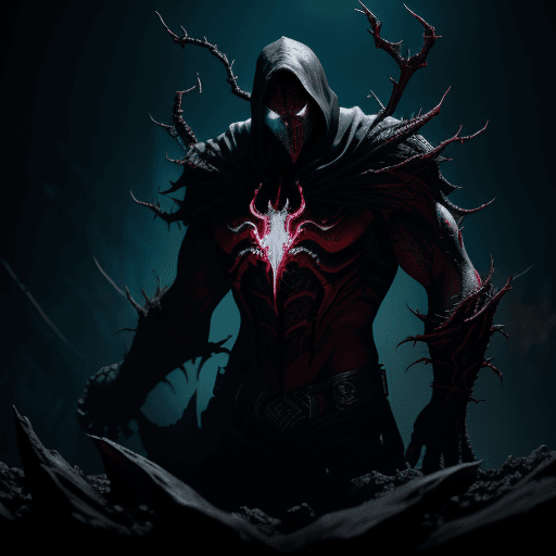 AI generated: Spawn, glowing green eyes,red ripped cape and chains, Created by Todd McFarlane, intricate, dim ligh...