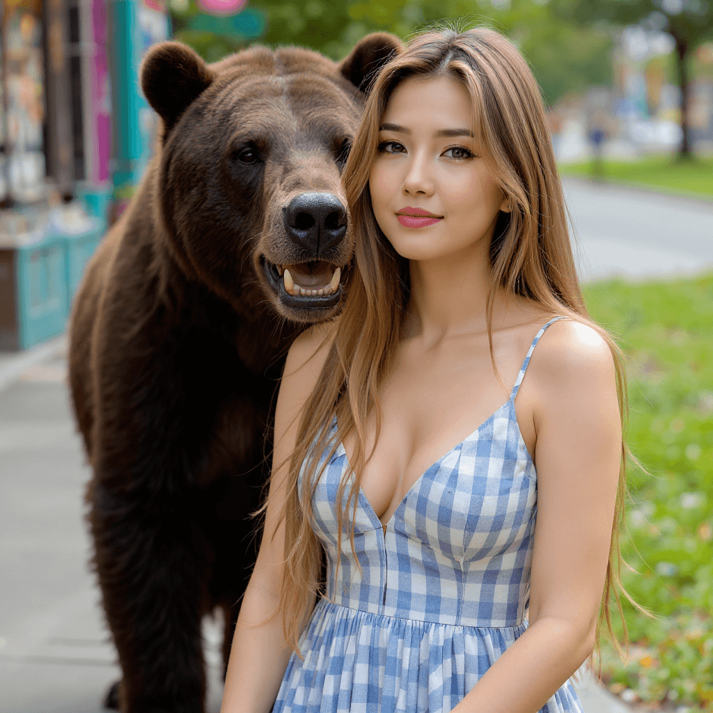 AI generated: generate a viral image of a woman  near bear by using the image as an attachment and dress bleu and ...