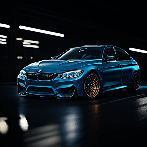 AI generated: a picture of a BMW F80 M3, modern car, black color, perfectly centered, dark night, neon lights in t...