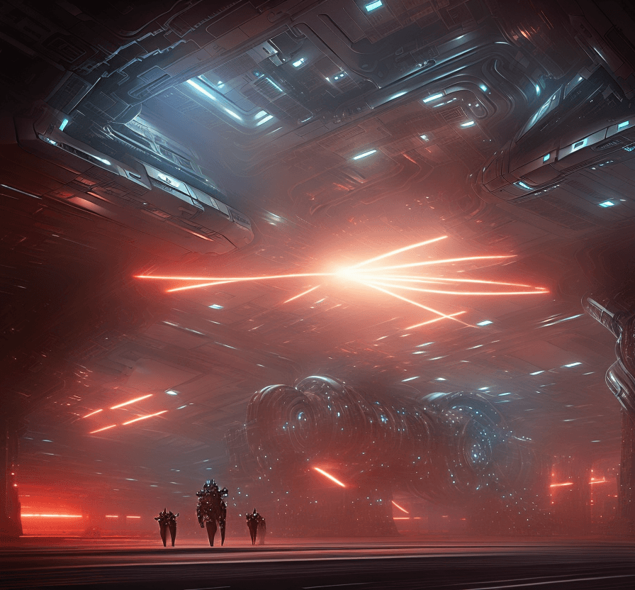 AI generated: a huge Mech is walking thru the fire   in the corridor leading to the control room in a futuristic s...