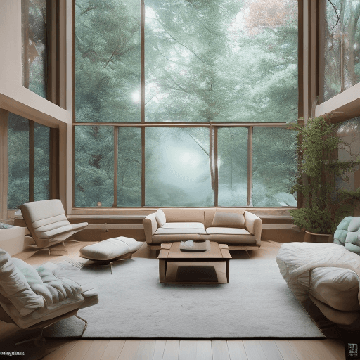 AI generated: High resolution photography interior design, dreamy sunken living room conversation pit, wooden floo...