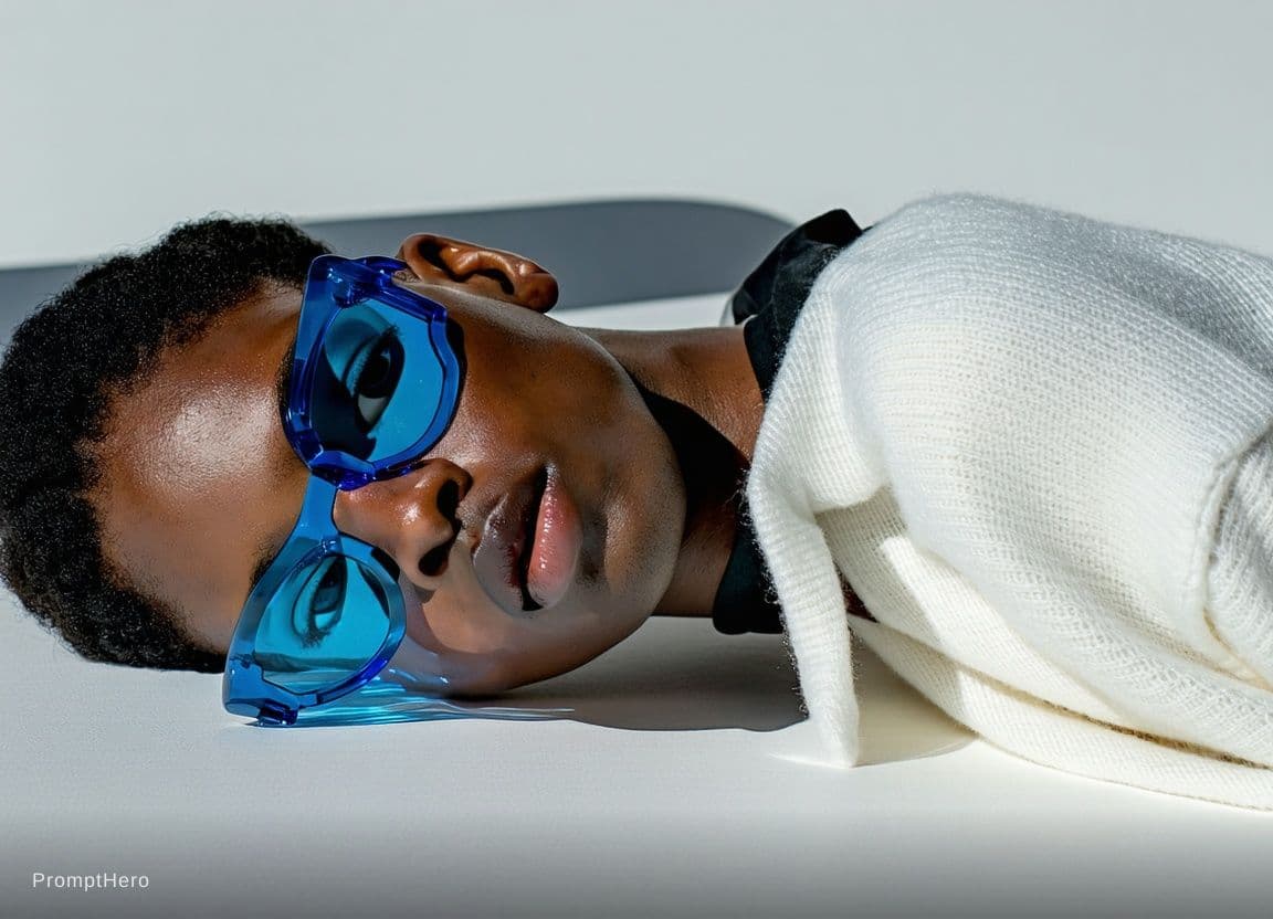 AI generated: Fashion shoot, Jacquemus and Moncler collaboration: dark blue translucent futuristic sunglasses, hyp...