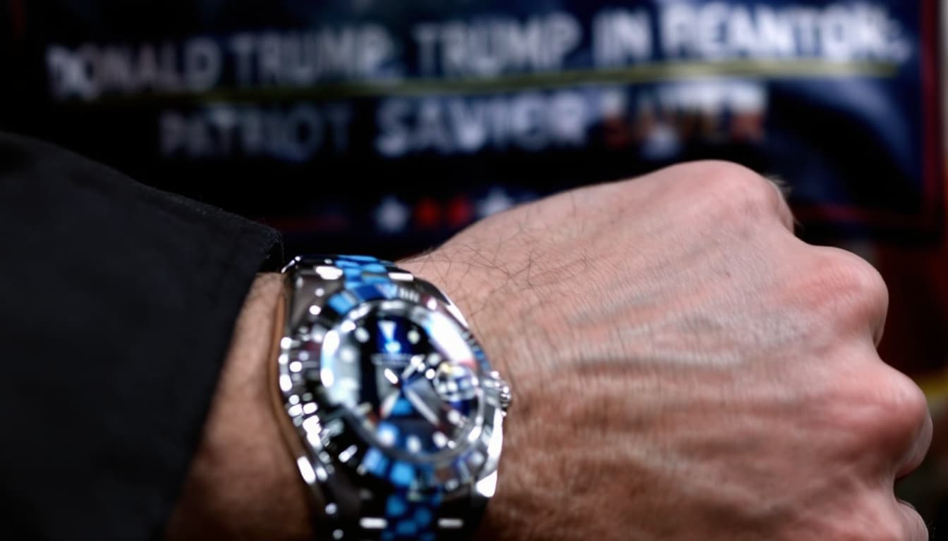 AI generated: Close-up of Elon Musk’s Rolex glinting, reflecting a campaign banner reading “Donald Trump: Patriot ...