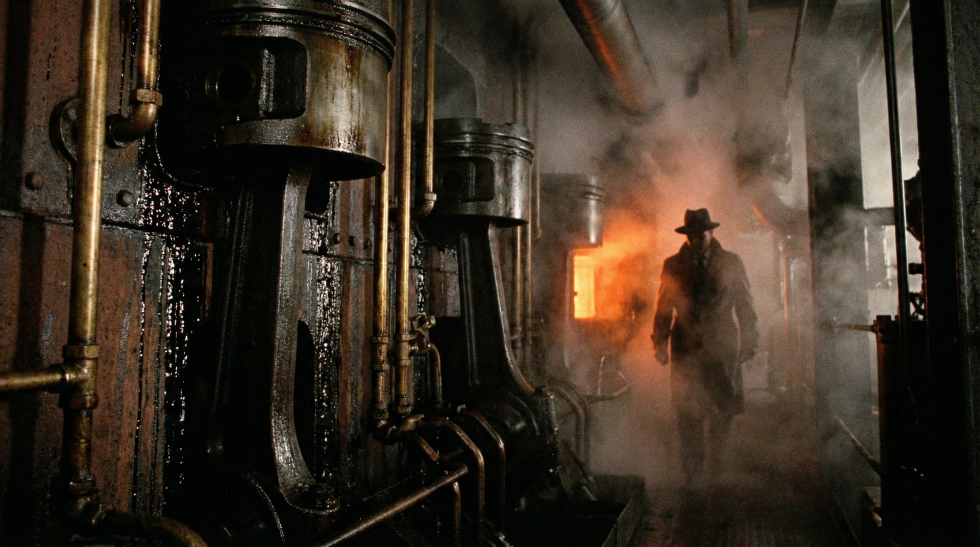 AI generated: Interior of a massive, claustrophobic industrial engine room, 1984 gritty noir. Close-up on heavy fo...
