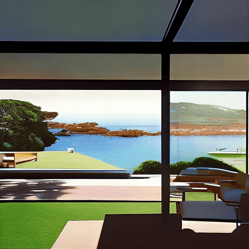 AI generated: Hyper realistic eye level exterior photo of a mid century modern style house overlooking the ocean, ...