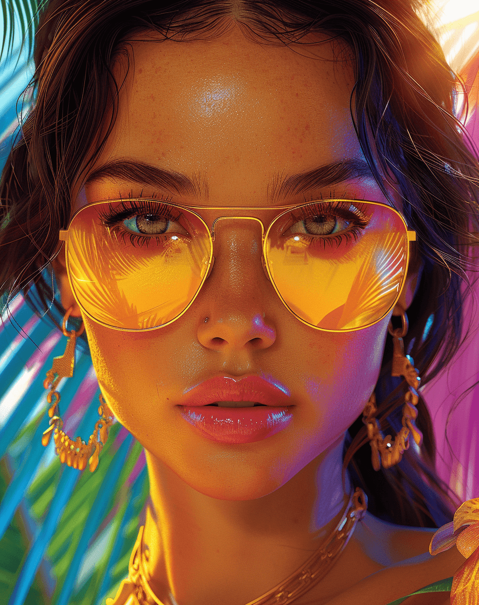 AI generated: beautiful photo of a woman in sunglasses, in the style of graphic design-inspired illustrations, lum...