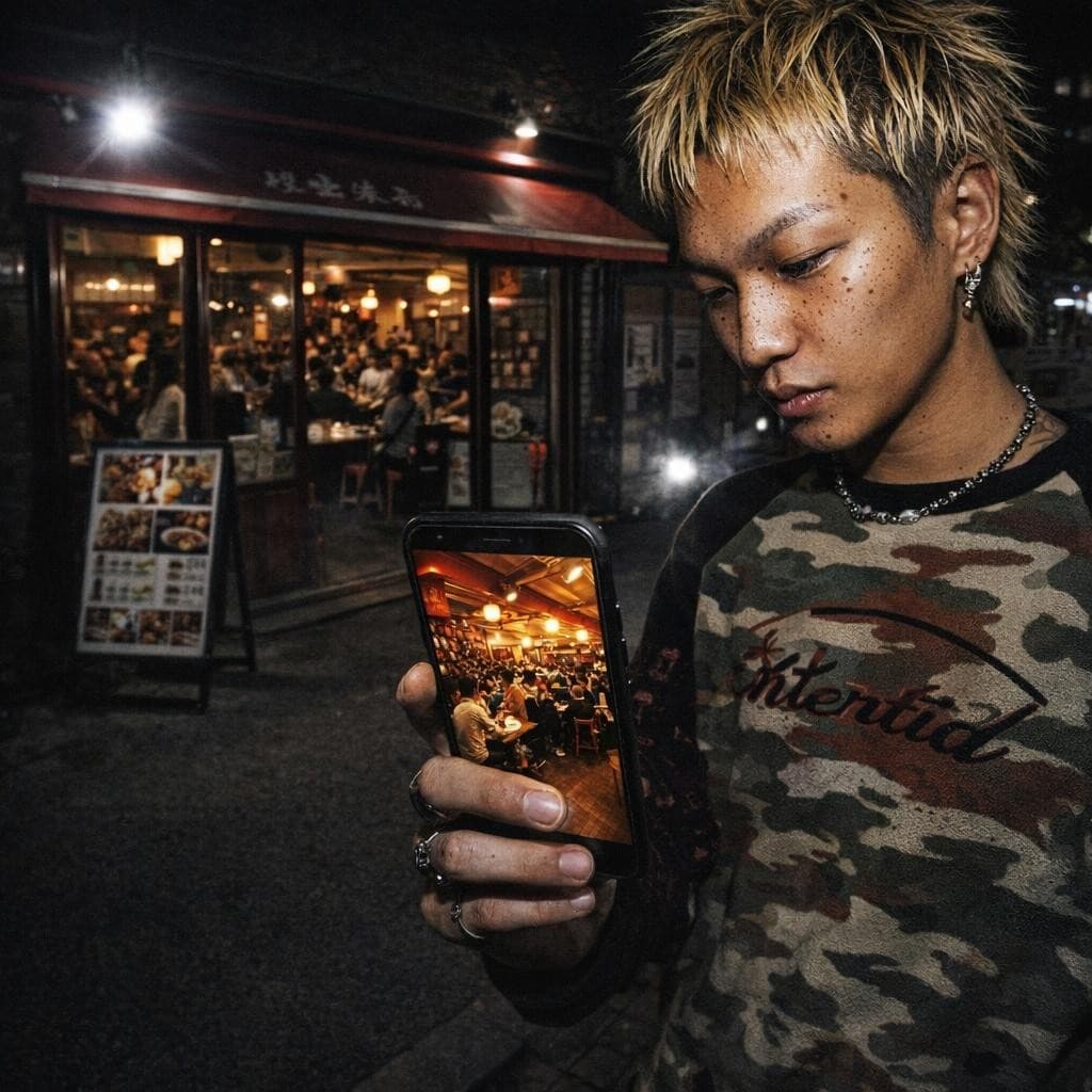 AI generated: urban restaurant exterior at night, harsh direct flash photography, gritty candid street scene

a pe...