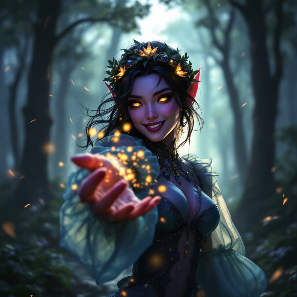 AI generated: score_8_up, score_7_up,  beautiful night elf reaching towards viewer, light smile, black hair, purpl...