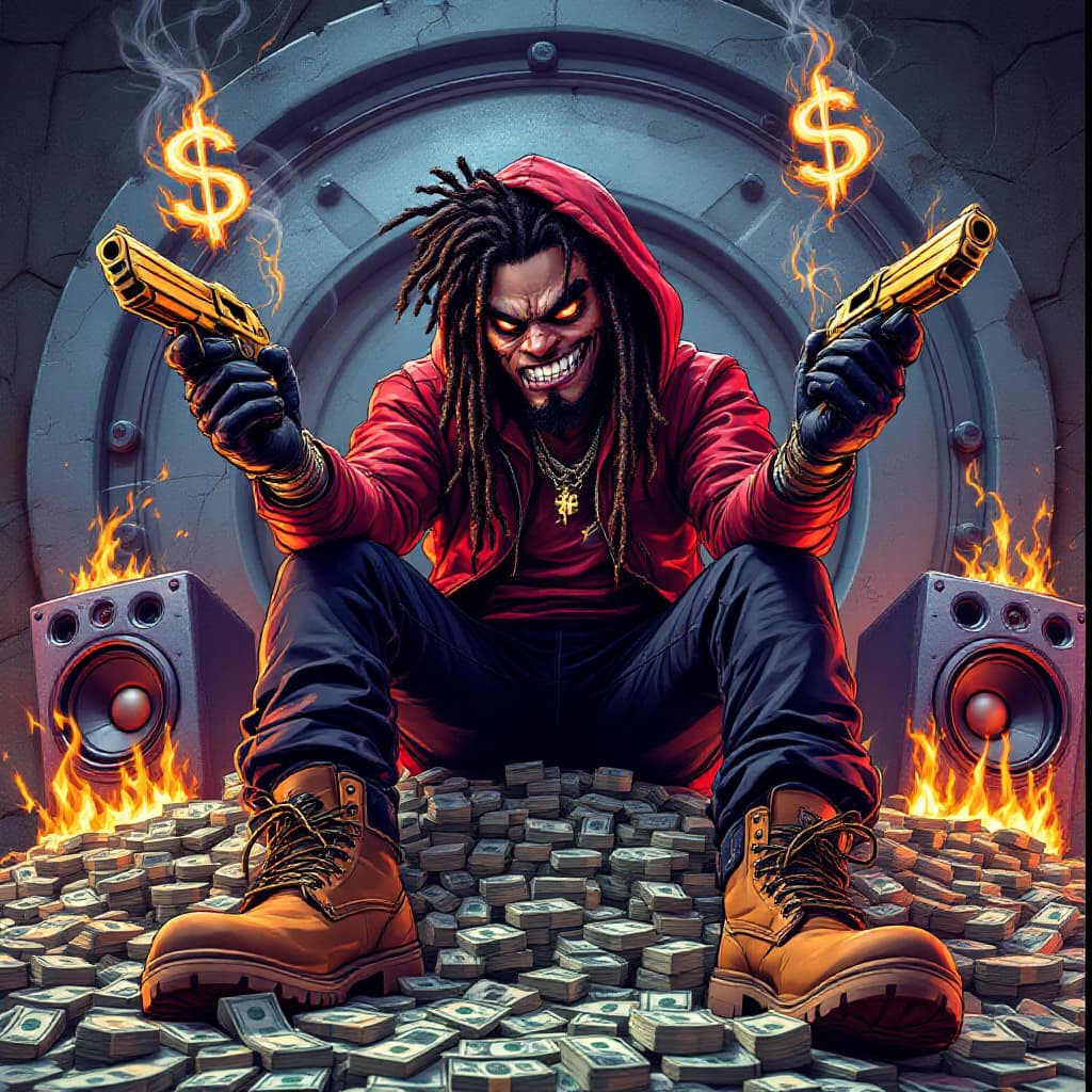 AI generated: cartoon illustration, a crazy african american character with a sinister looking facial features, lo...