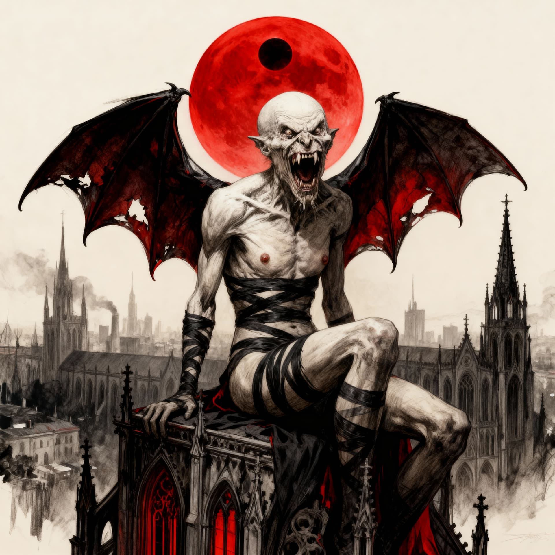 AI generated: Pale skinny ugly bald vampire,mouth wide open,teeth,He is sitting on the top of  gorhic creepy cathe...