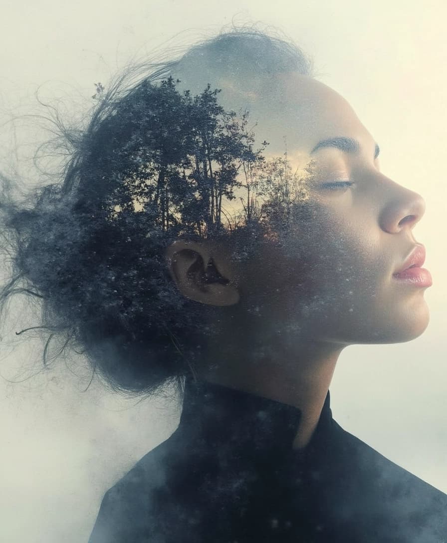 AI generated: Double exposure black and white photography of a face, solemn and ethereal, eyes half-closed as if c...