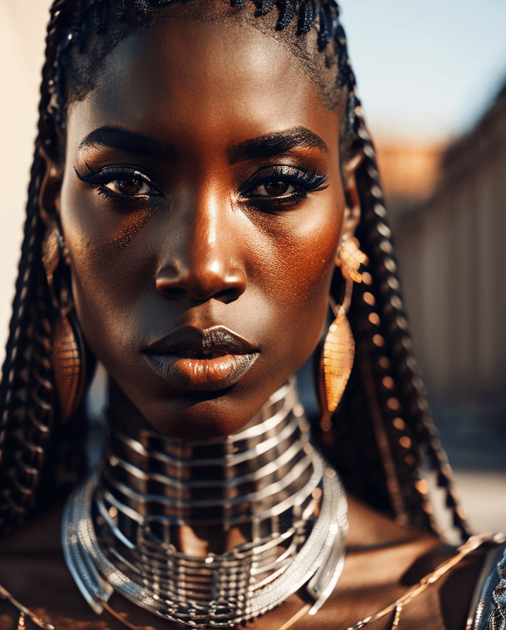 AI generated: fashion photography portrait of raider black girl wearing chain mail in a city, aristocrat, photorea...
