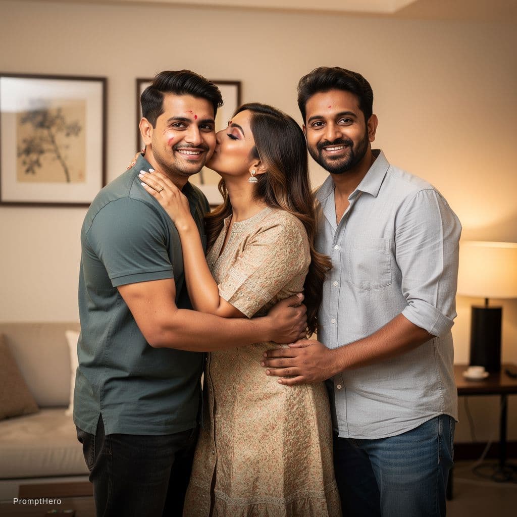 AI generated: Hot Indian wife kissing husband friend with husband 