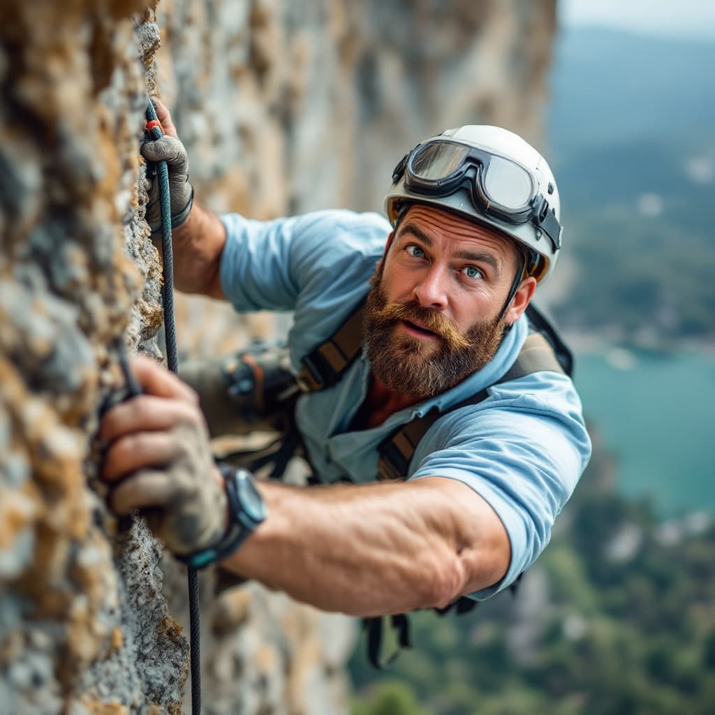 AI generated: A burly masculine man with sharp eyes full of enthusiasm climbing a steep cliff, wearing a light blu...