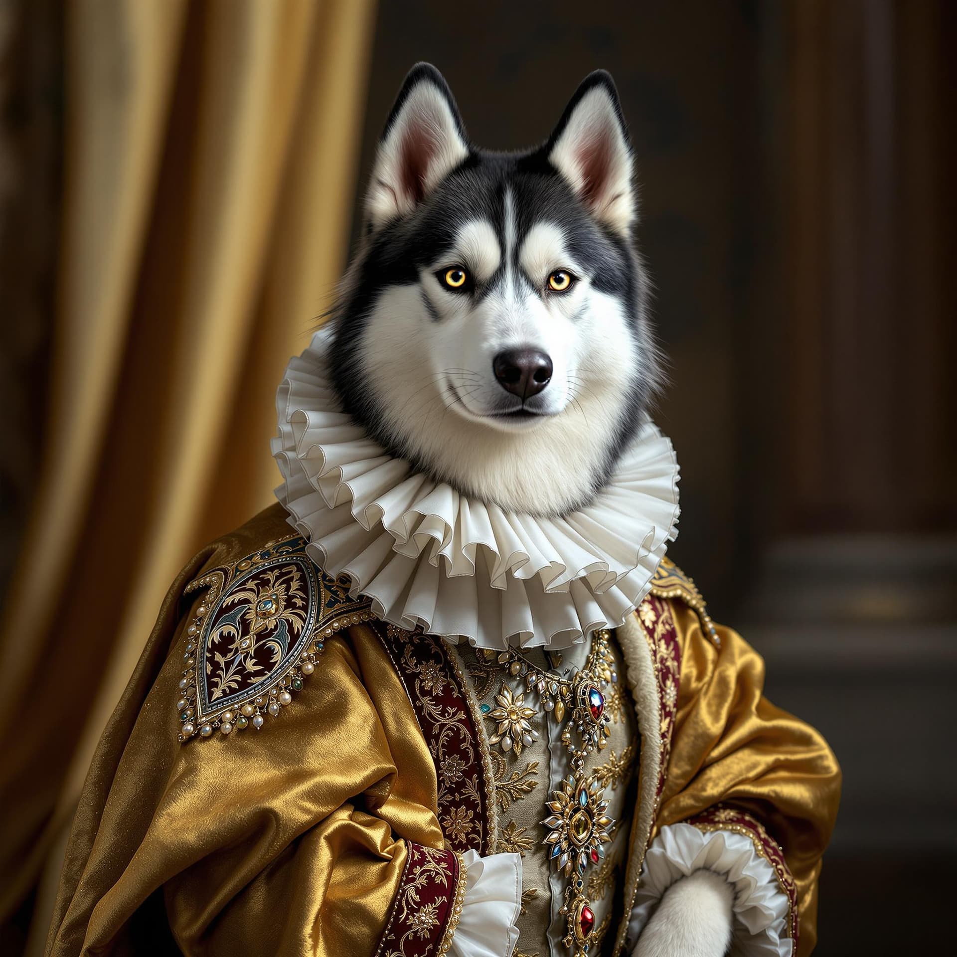AI generated: Siberian husky, renaissance costume, ruff collar, golden robe, studio portrait, noble demeanour, det...
